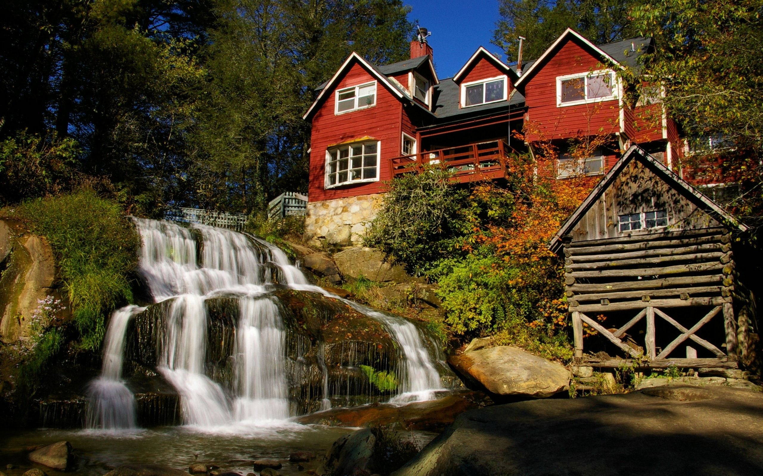 house, waterfalls, river, forest, tree, water, green