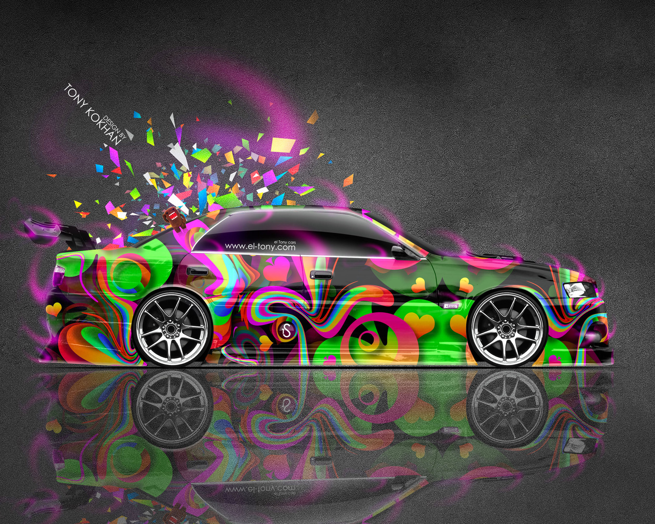 tony kokhan, toyota, chaser, jzx100, jdm, tuning, side, super, abstract, aerography, japan, style, vinyl, pink, neon, effects, silver, gray, multicolors, 4k, wallpapers, design, art, photoshop, domo kun, toy, car, el tony cars,  , , 