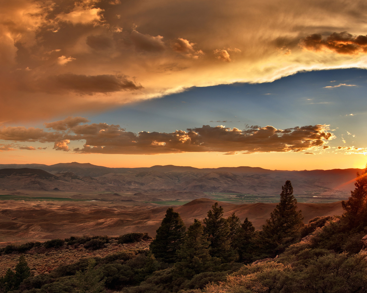 sunrise, mountain, clouds, sky, tree, hills