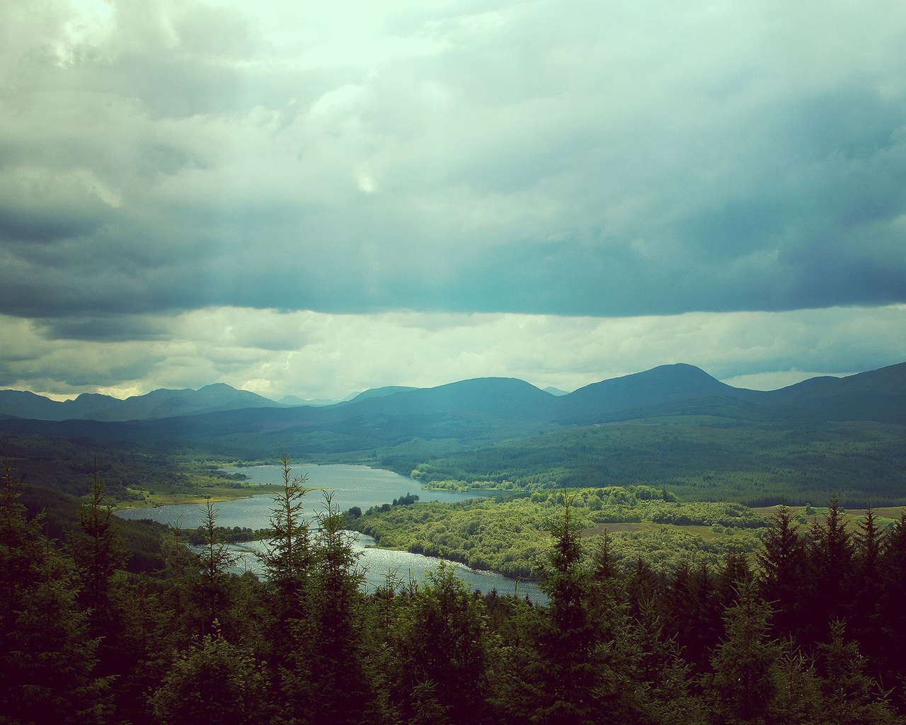 river, mountain, clouds, tree, green