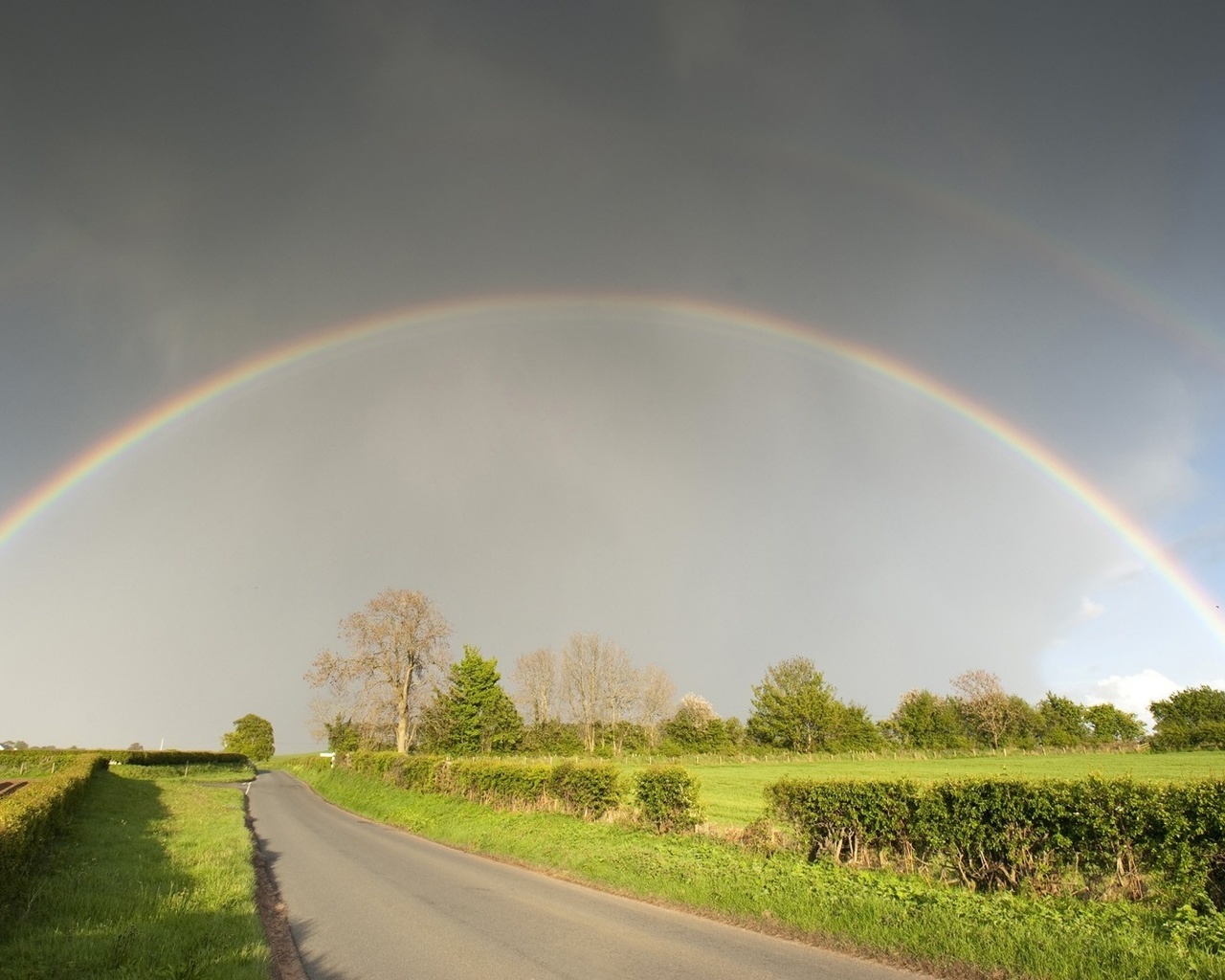 rainbow, house, fields, grass, green, sky