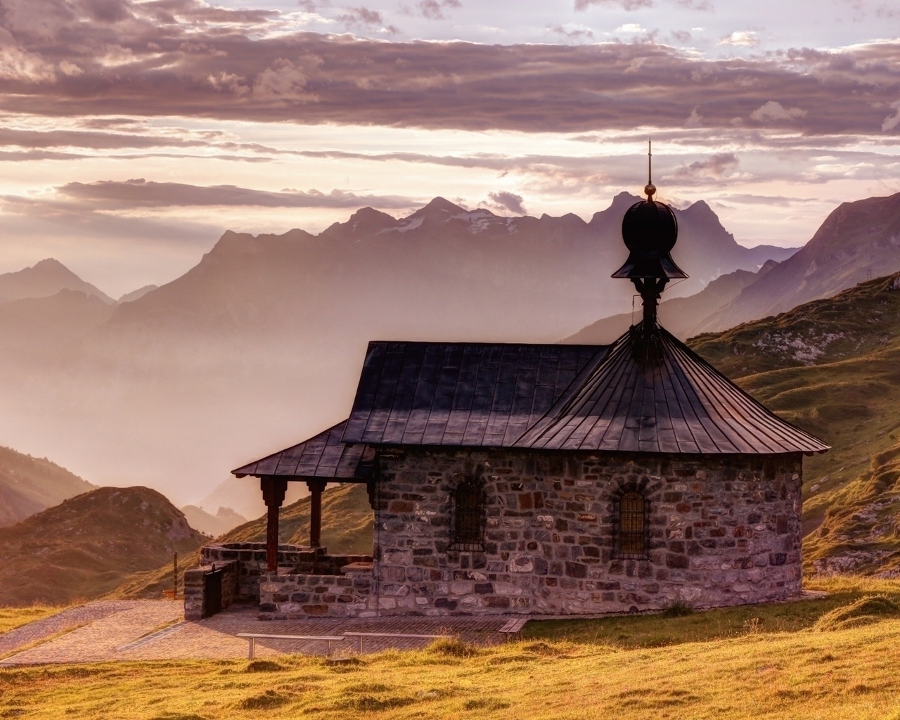 mountain, monastery, old, grass