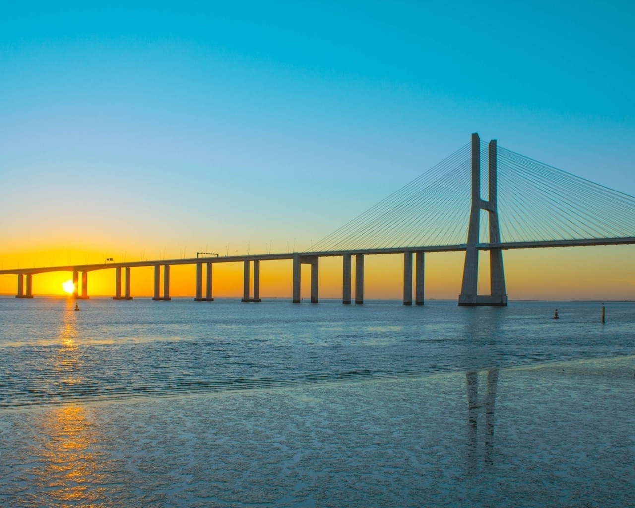 vasco da gama, bridge, sunset, sea, water