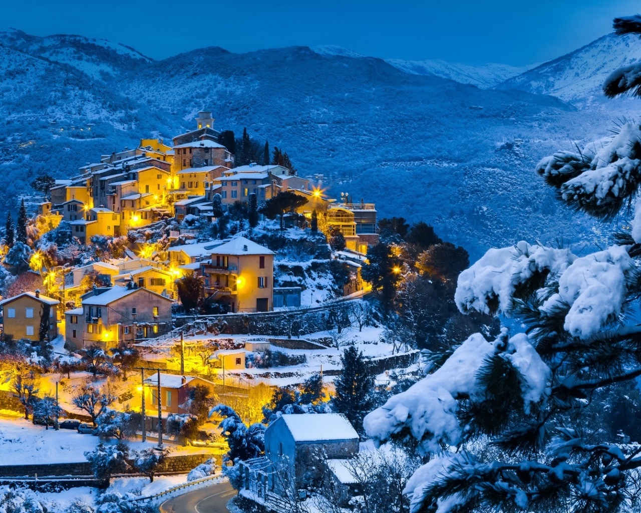 village, ligths, winter, snow