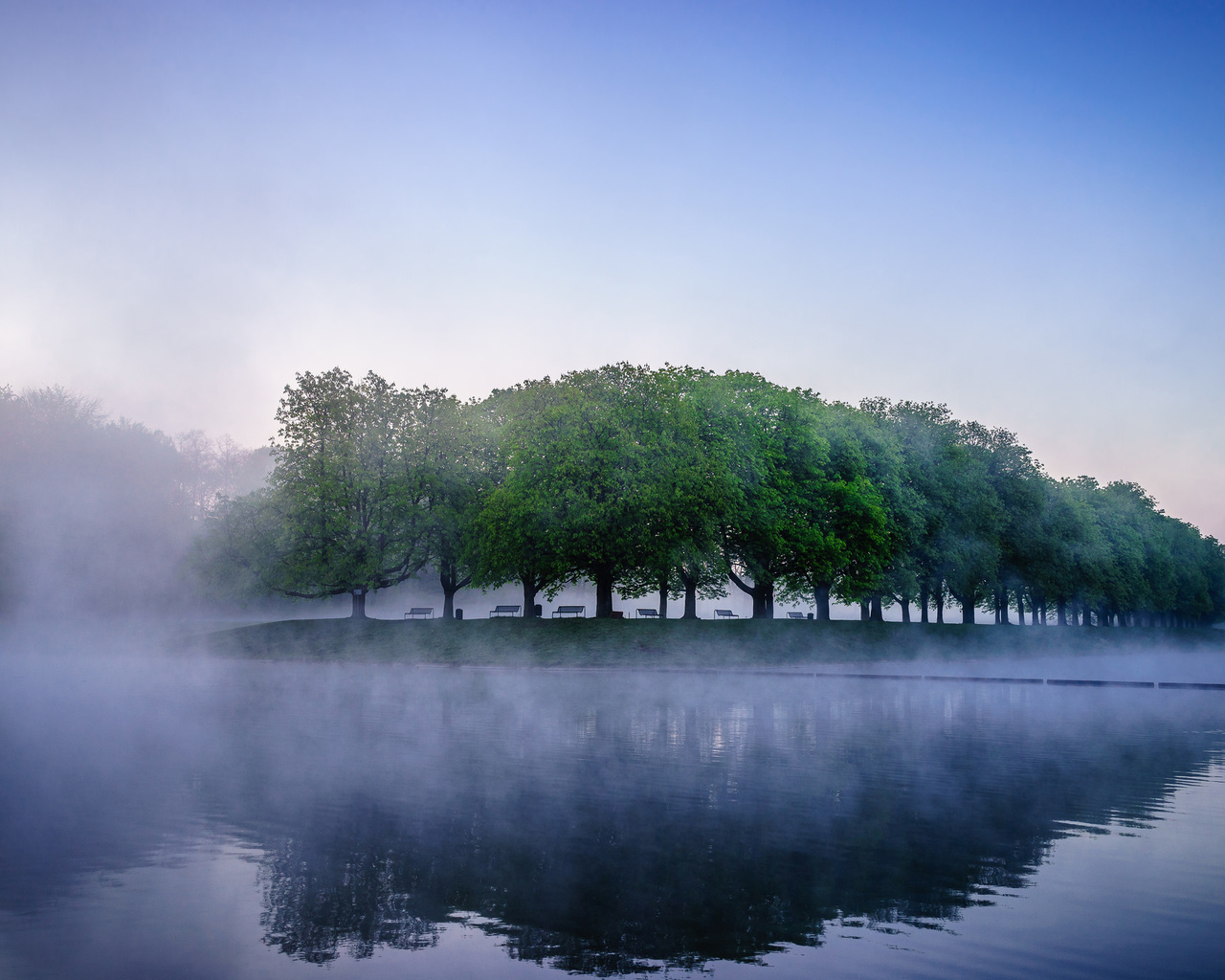 mist, lake, water, reflextion, mountain