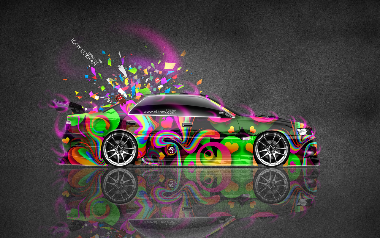 tony kokhan, toyota, chaser, jzx100, jdm, tuning, side, super, abstract, aerography, japan, style, vinyl, pink, neon, effects, silver, gray, multicolors, 4k, wallpapers, design, art, photoshop, domo kun, toy, car, el tony cars,  , , 