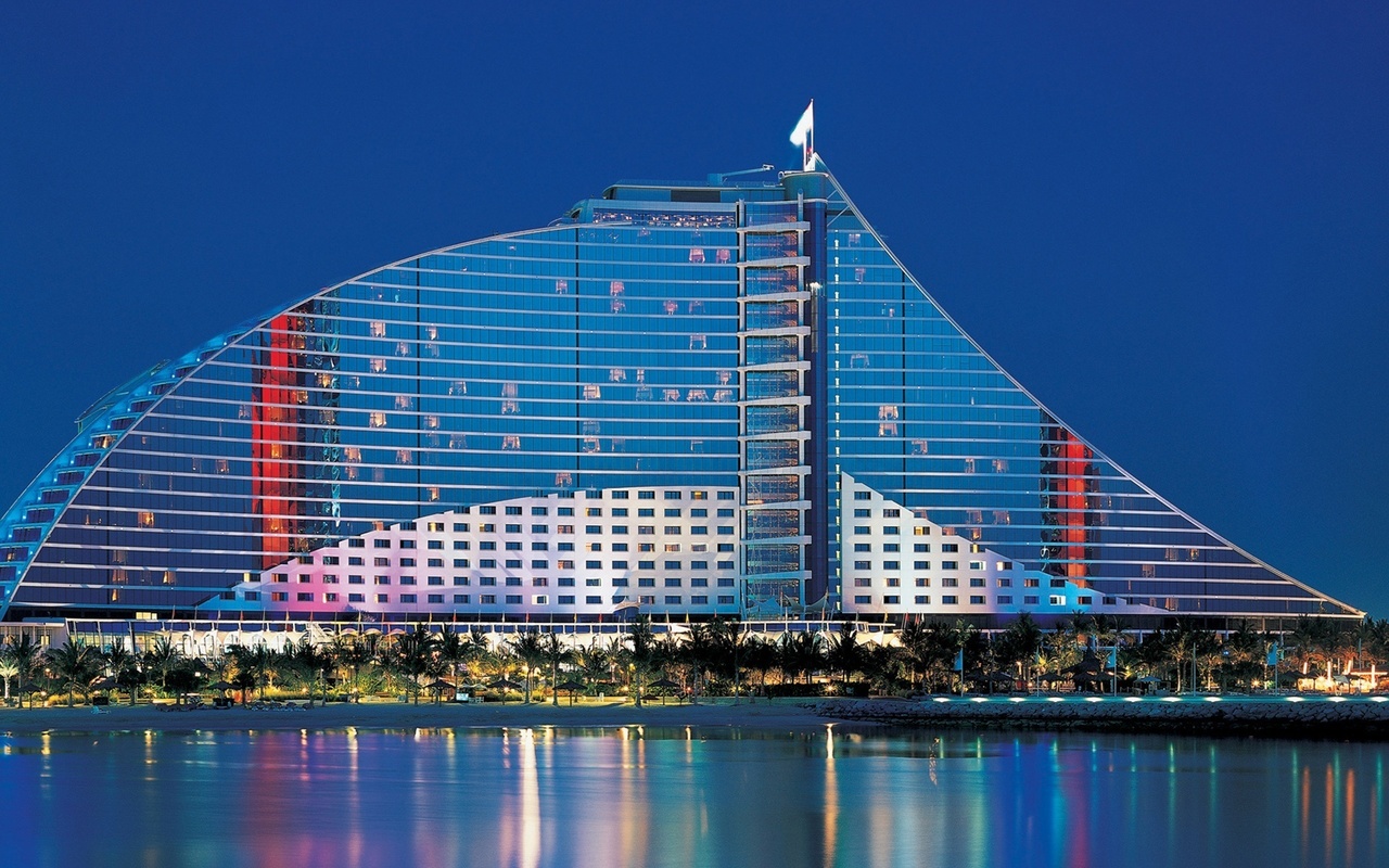 dubai, hotel, building, sea, lights