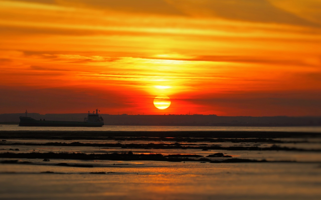 sunset, sky, ocean, ship, water