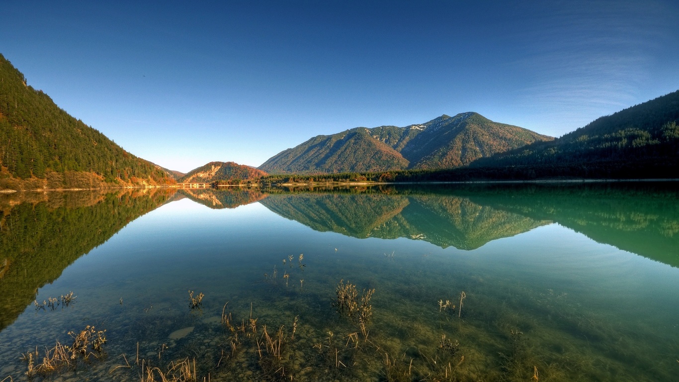 lake, mountain, tree, forest, water, sky, blue