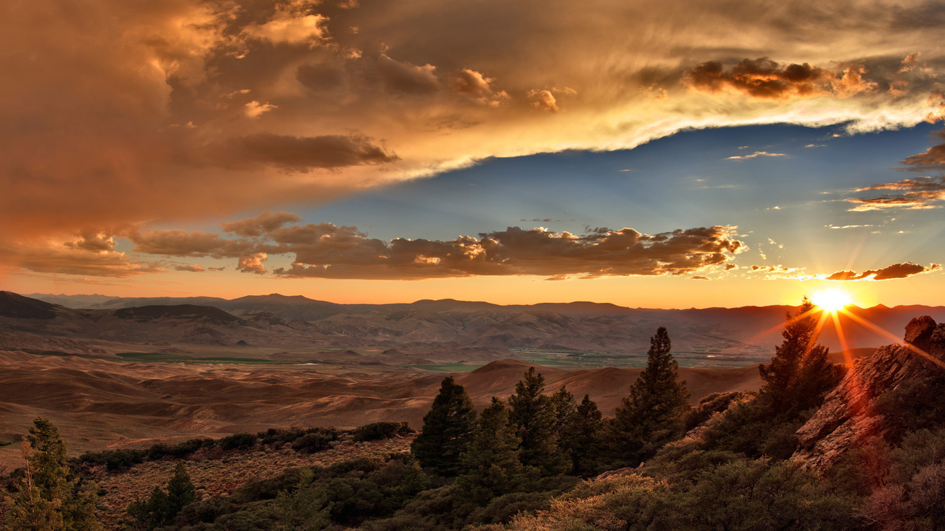 sunrise, mountain, clouds, sky, tree, hills