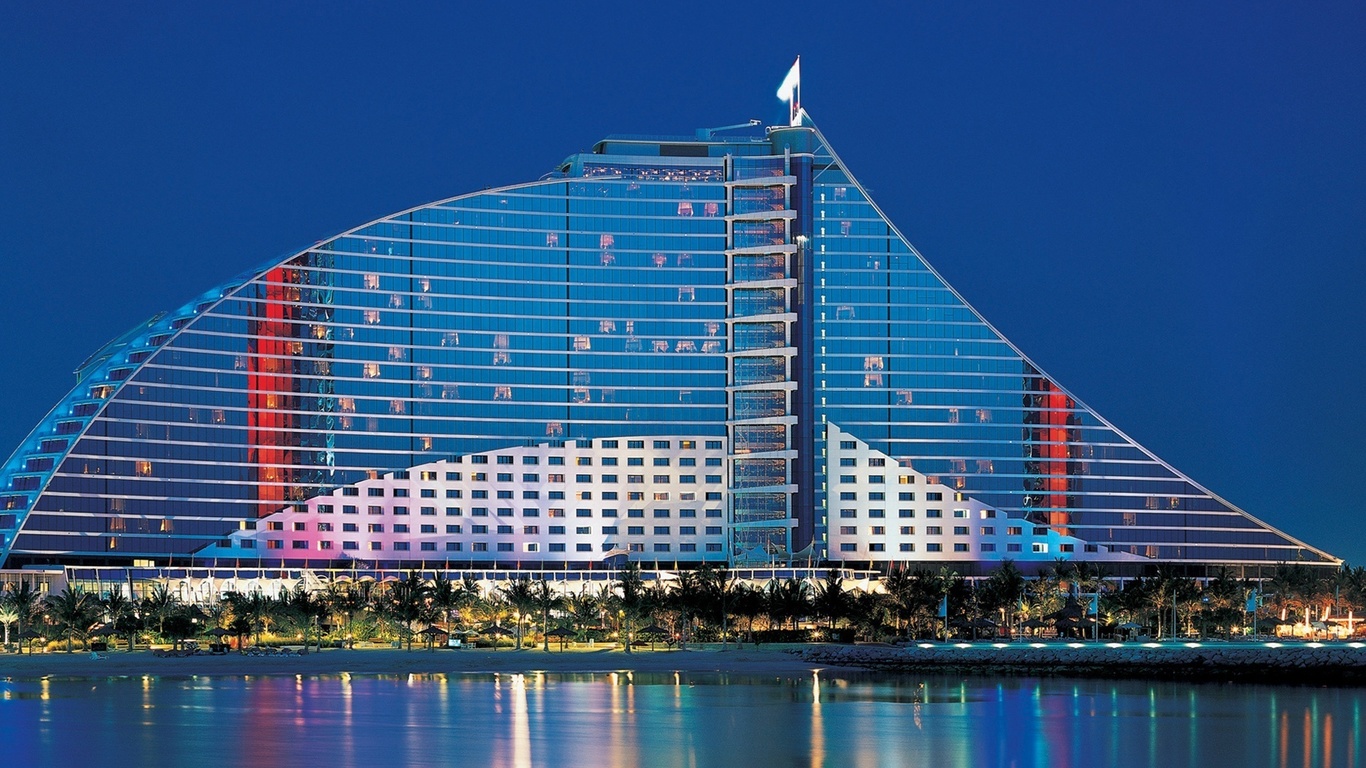 dubai, hotel, building, sea, lights