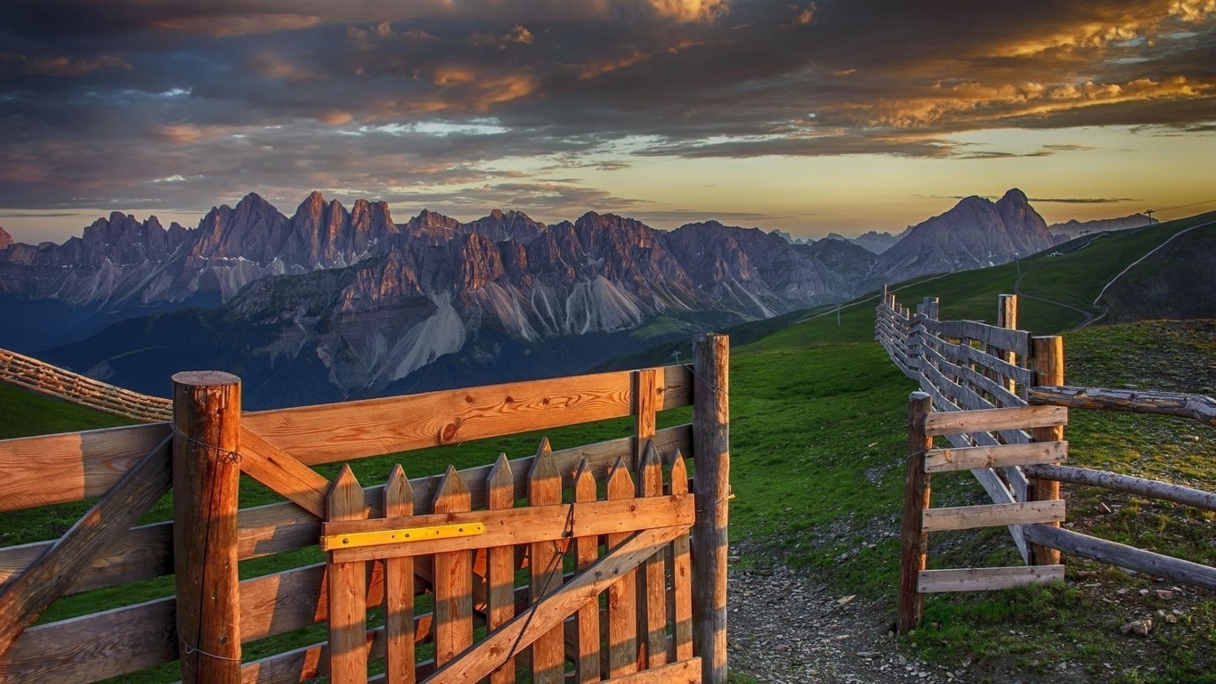 fence, road, tree, path, forest, grass, mountain