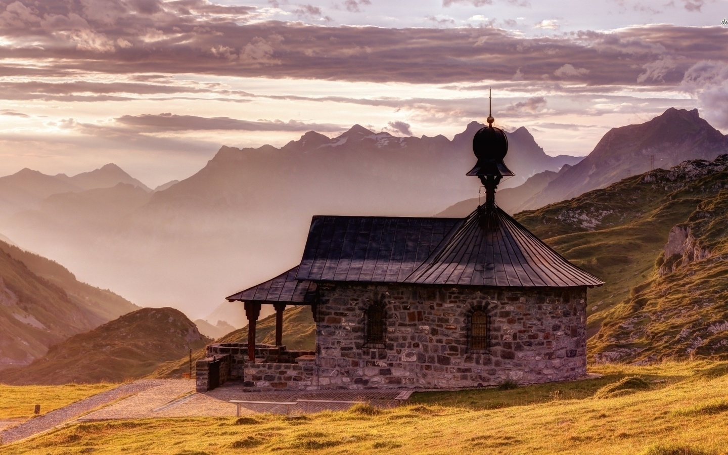 mountain, monastery, old, grass