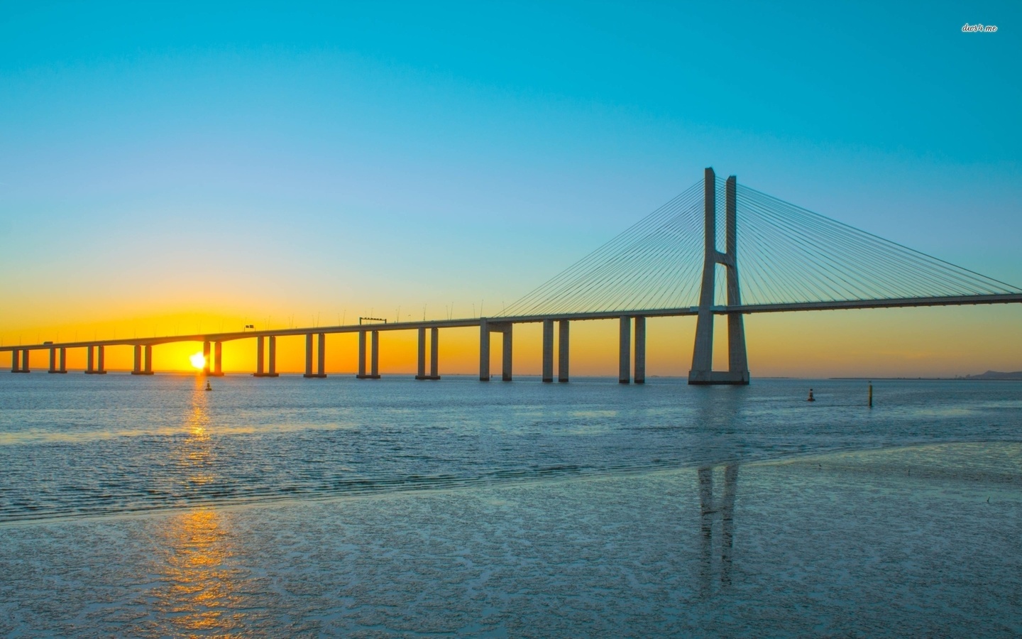 vasco da gama, bridge, sunset, sea, water