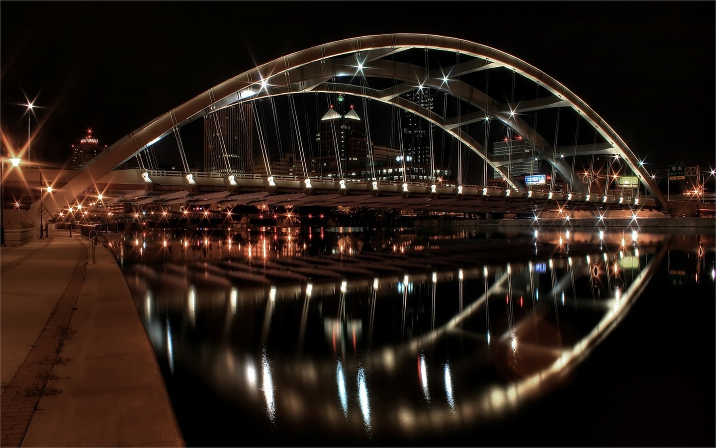 lights, bridge, water, building, night