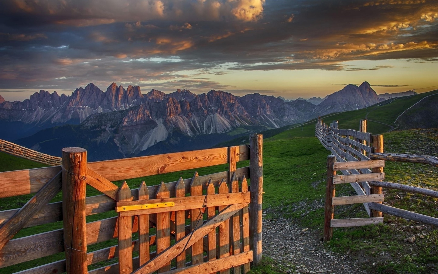 fence, road, tree, path, forest, grass, mountain