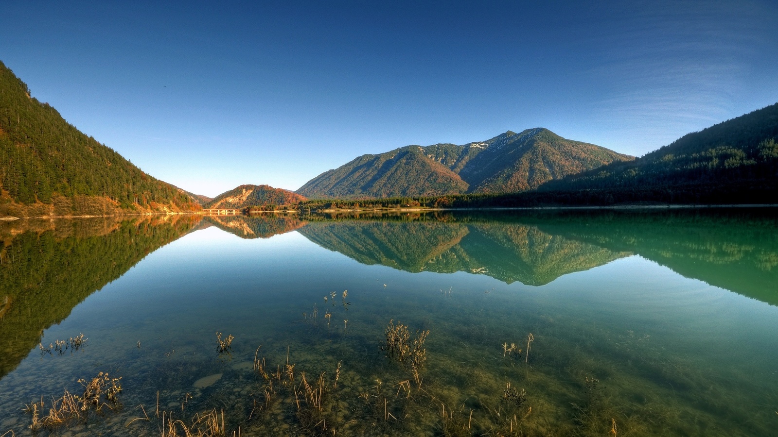 lake, mountain, tree, forest, water, sky, blue