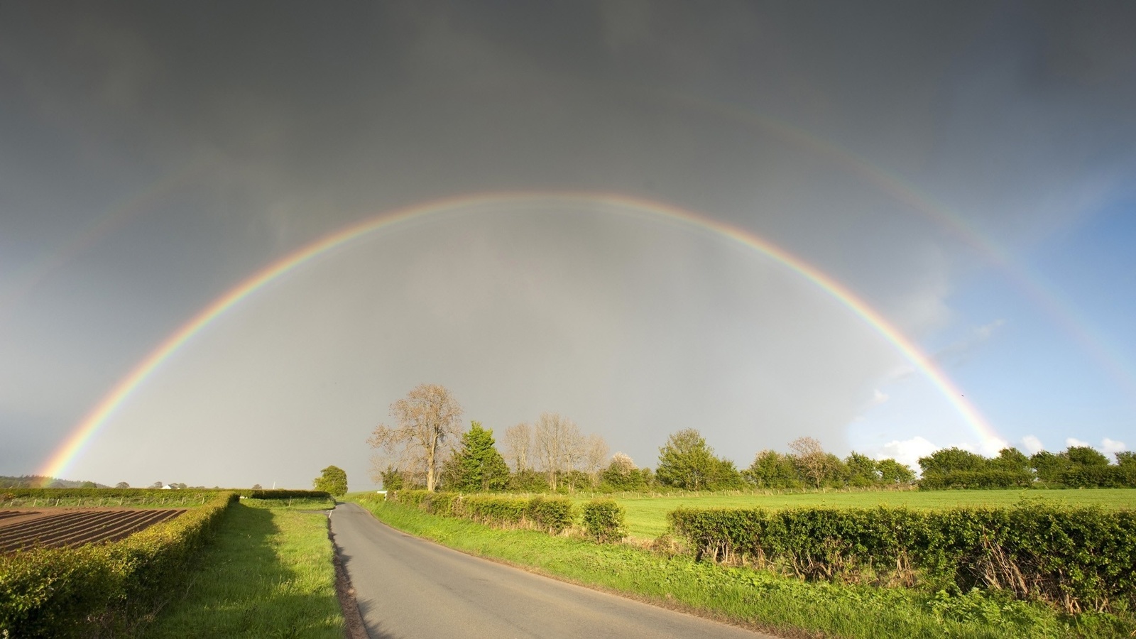 rainbow, house, fields, grass, green, sky