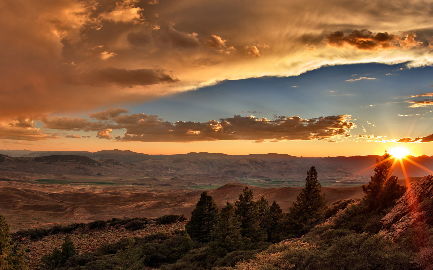 sunrise, mountain, clouds, sky, tree, hills