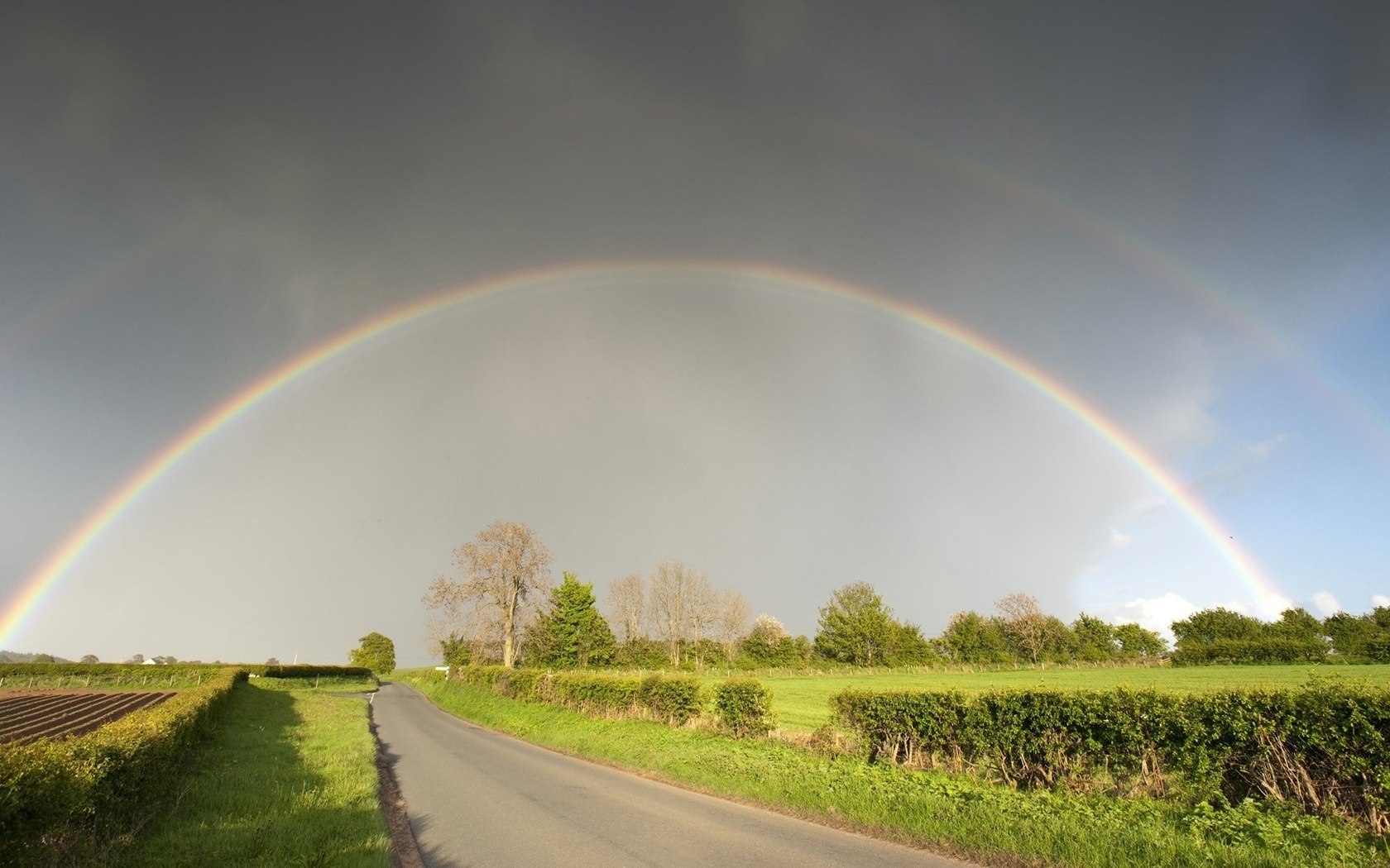 rainbow, house, fields, grass, green, sky