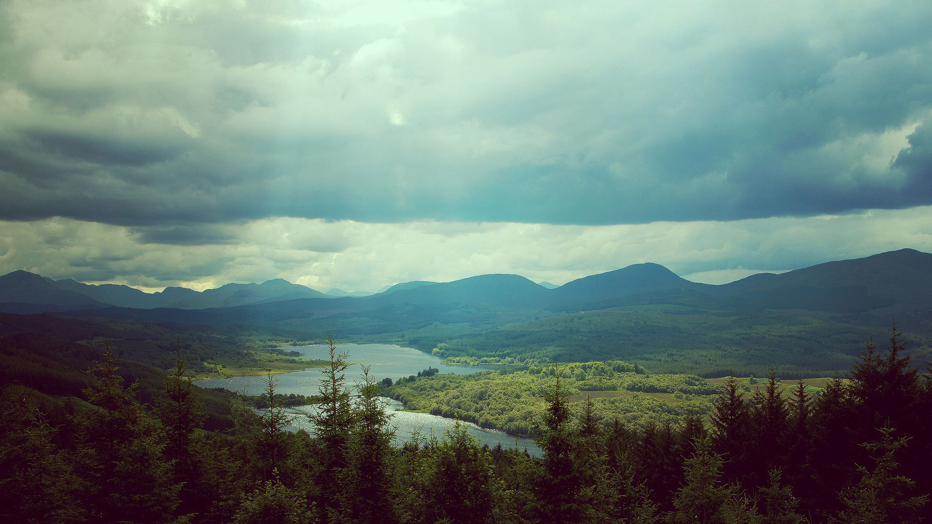 river, mountain, clouds, tree, green