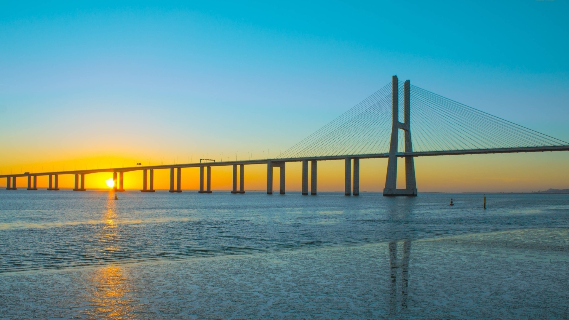 vasco da gama, bridge, sunset, sea, water