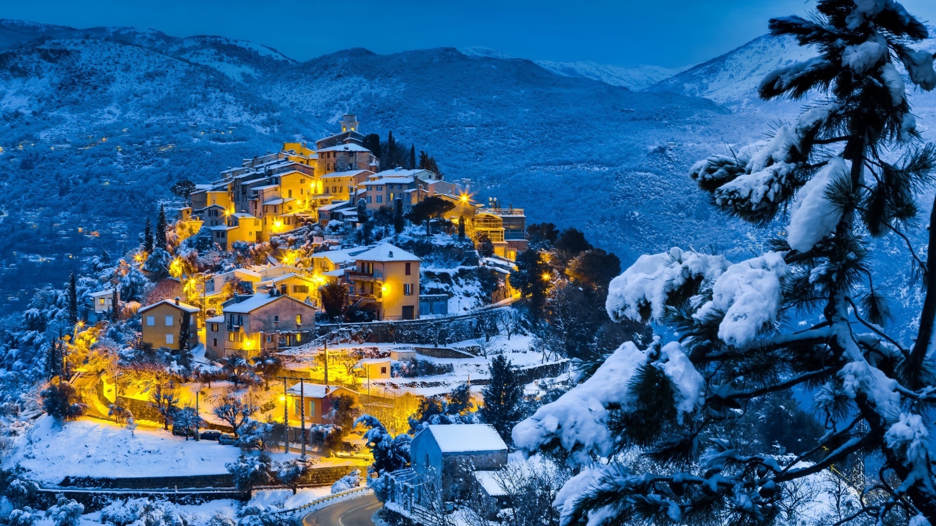 village, ligths, winter, snow