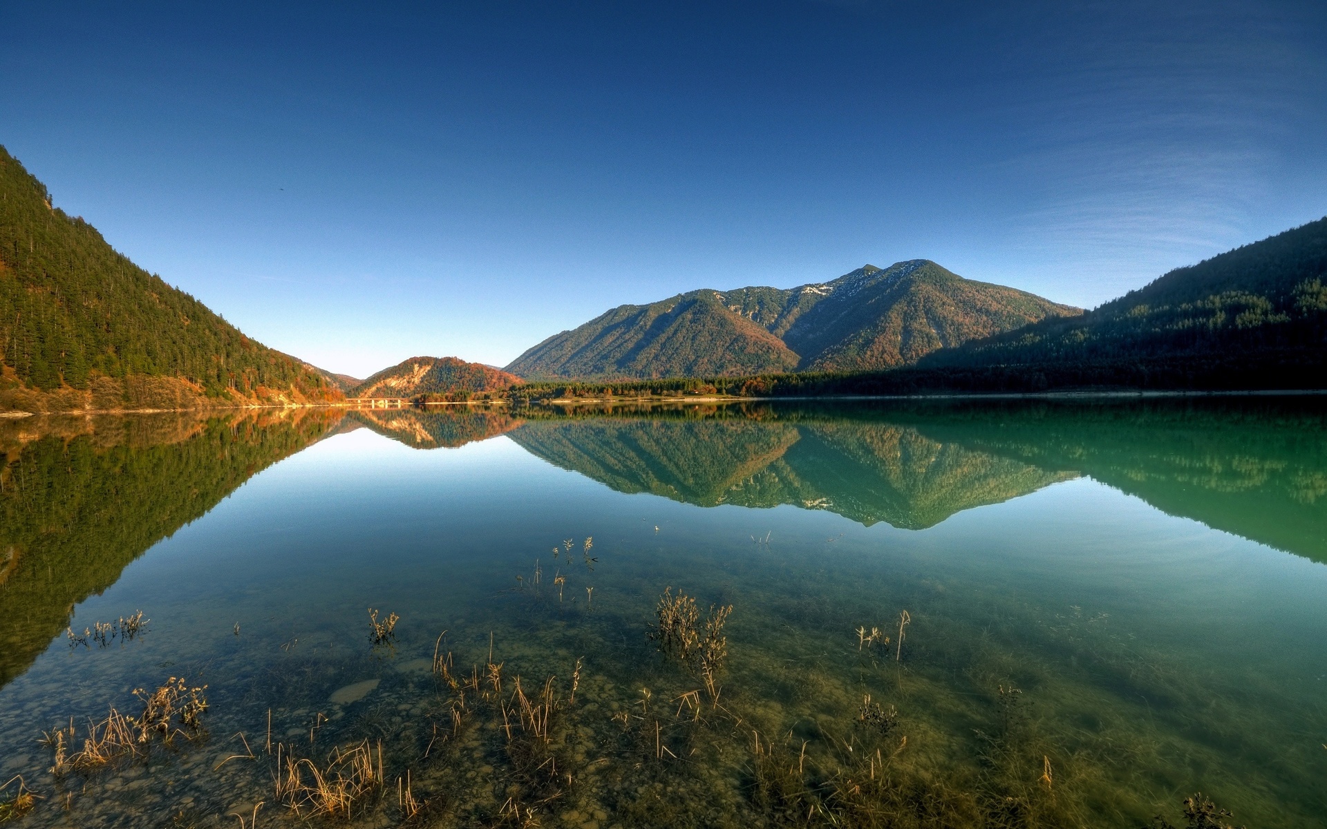 lake, mountain, tree, forest, water, sky, blue