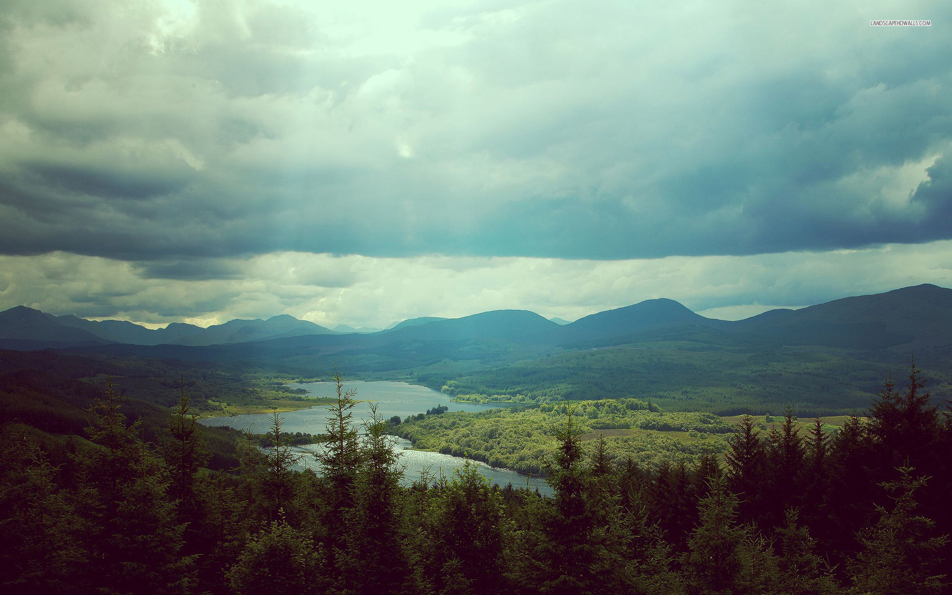 river, mountain, clouds, tree, green