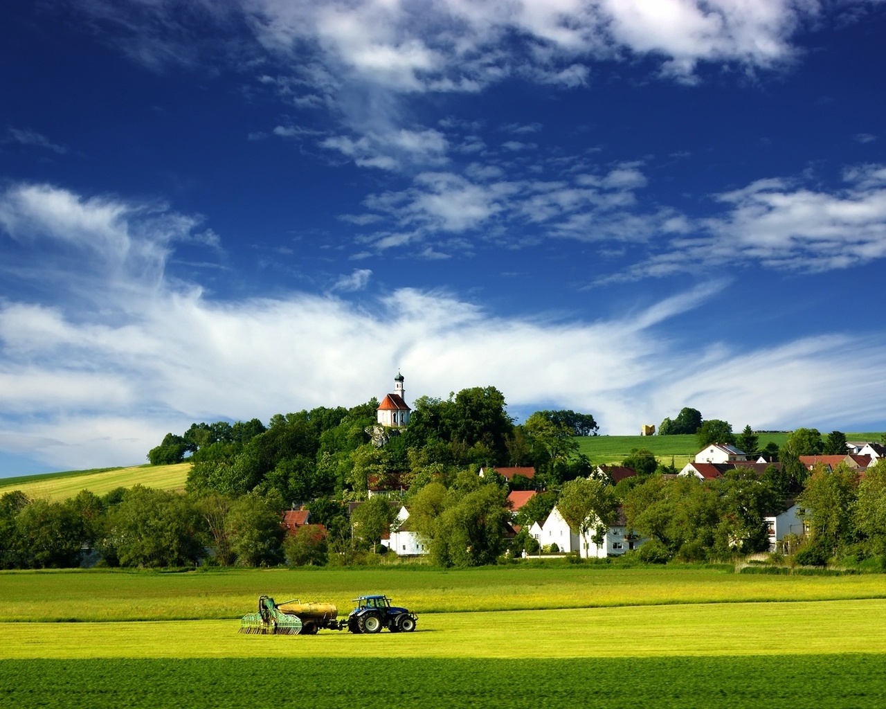 tracktor, fields, churchil, house, tree