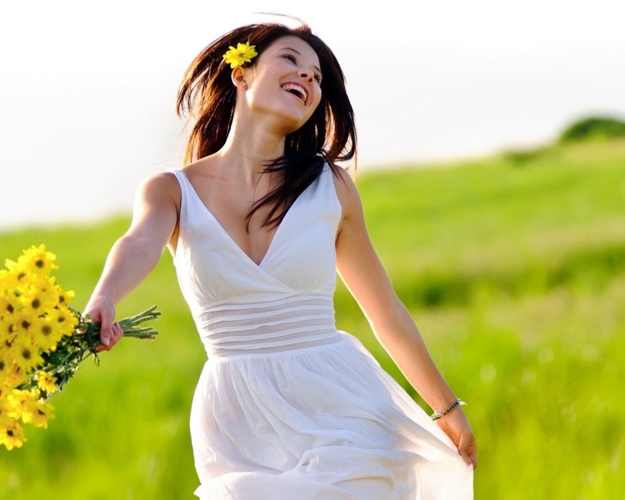 flower, dress, smiles, fields, girl