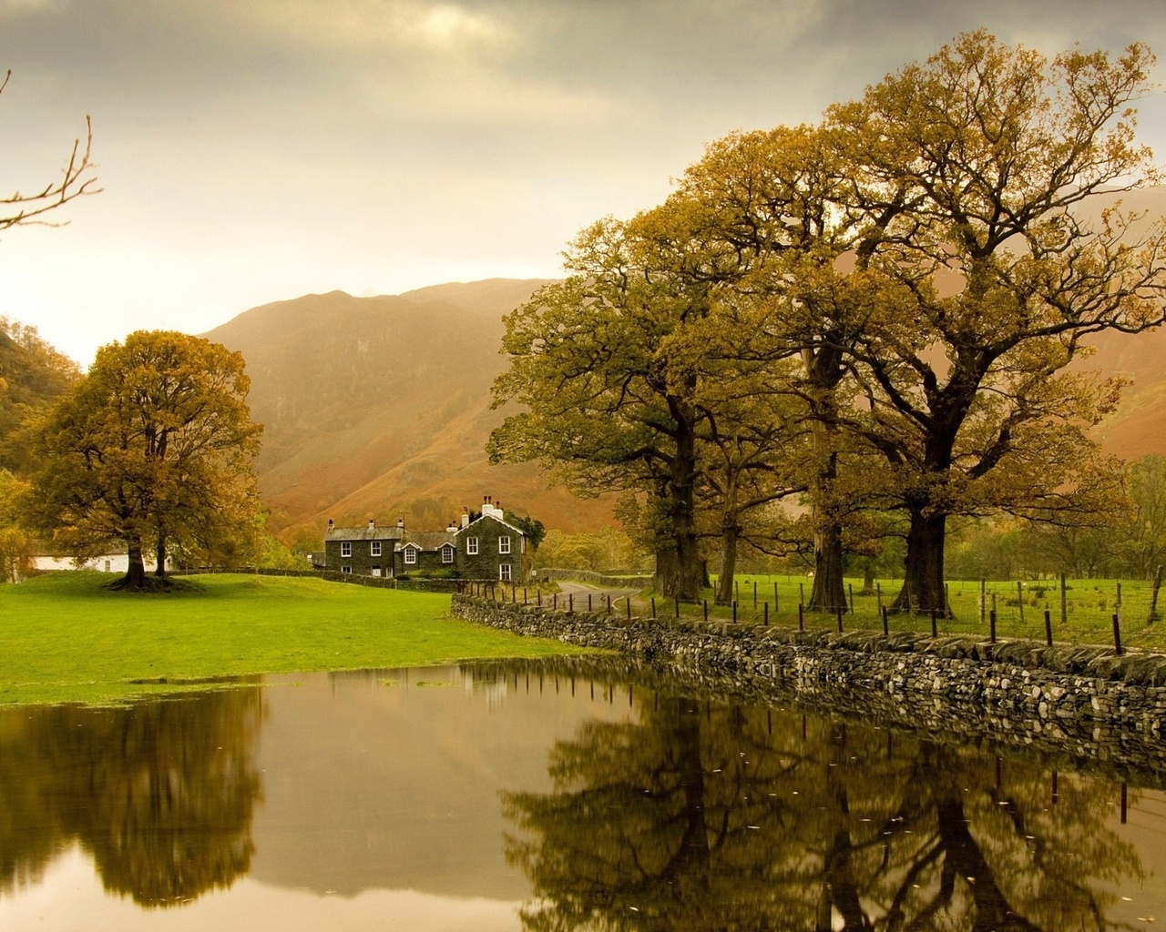 country, house, lake, water, grass