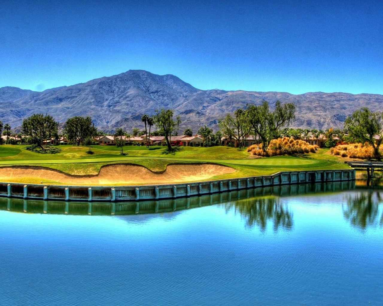 golf, lake, tree, water, fields, houses