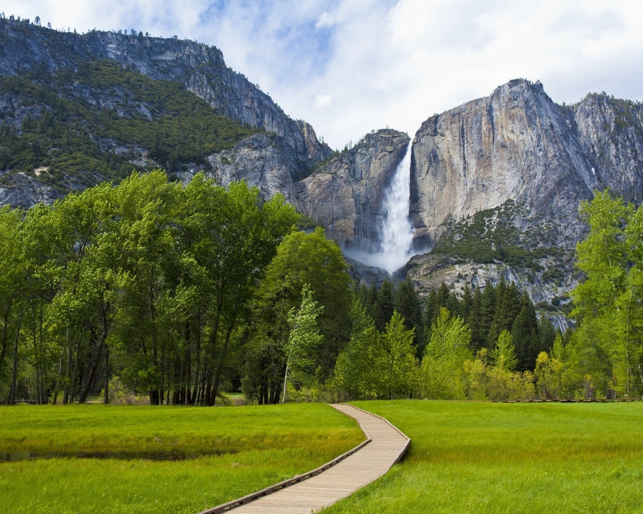 yosemite, waterfall, water, mountain, path, tree, green