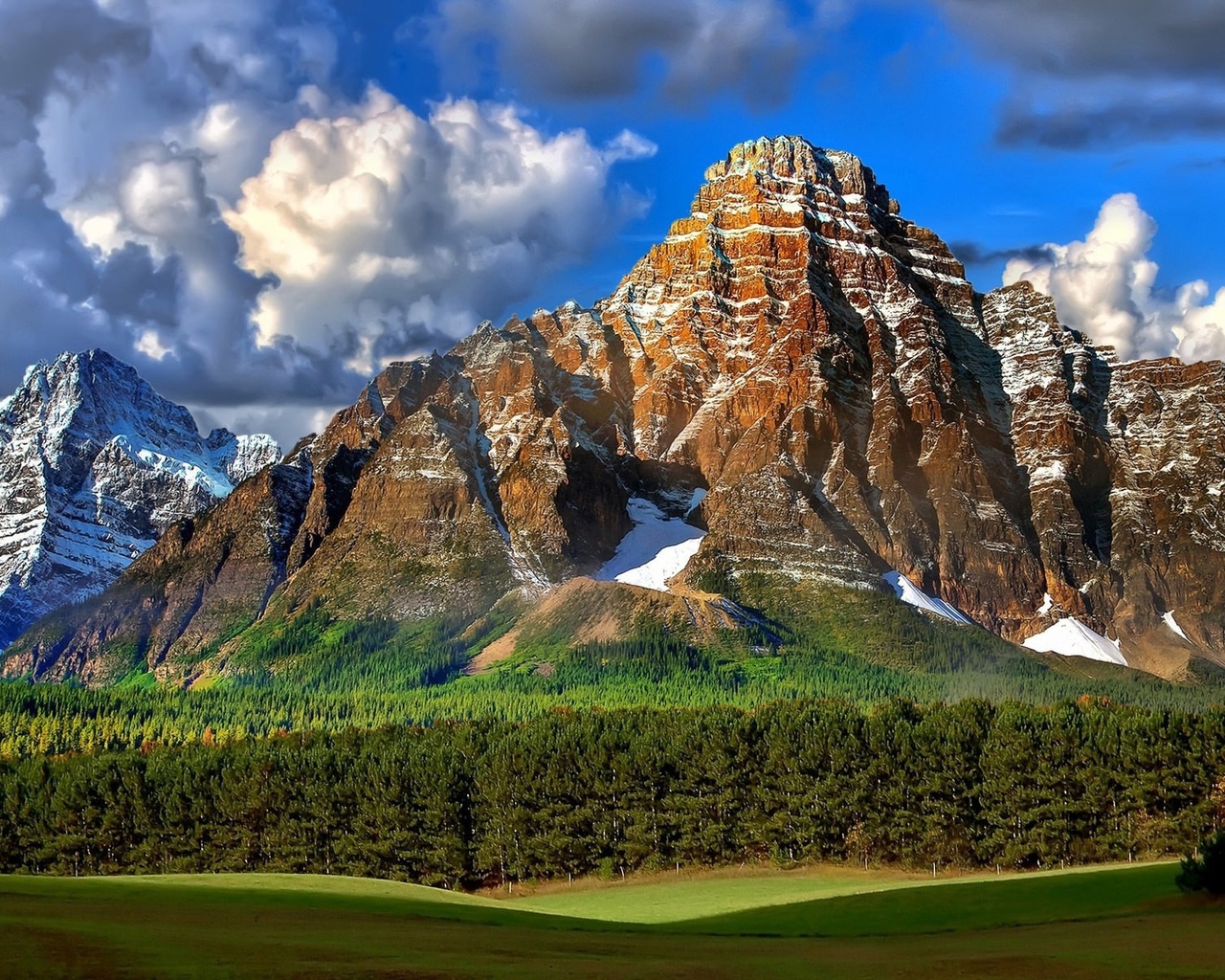 mountain, grass, green, sky, trees