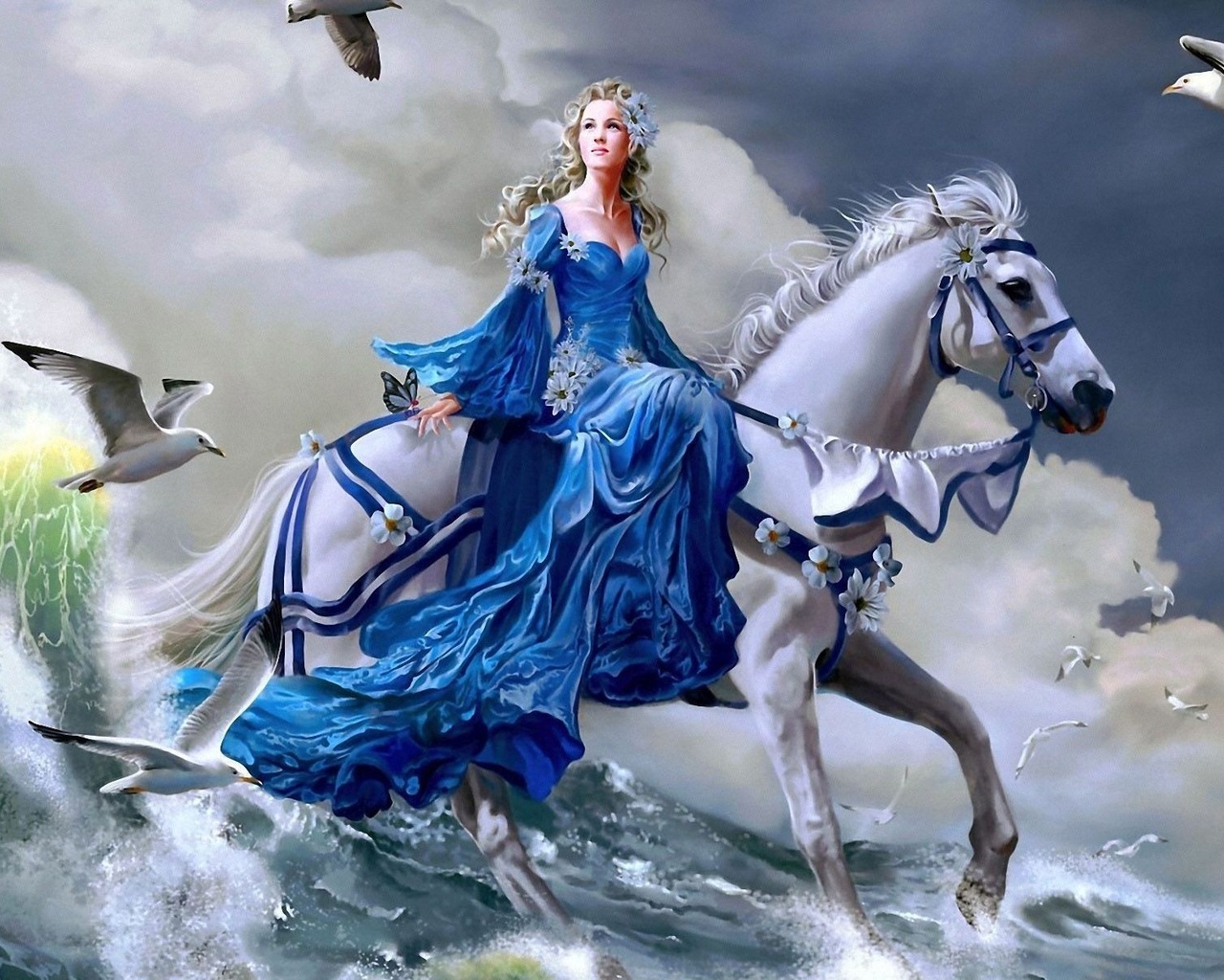 riding, princess, horse, white