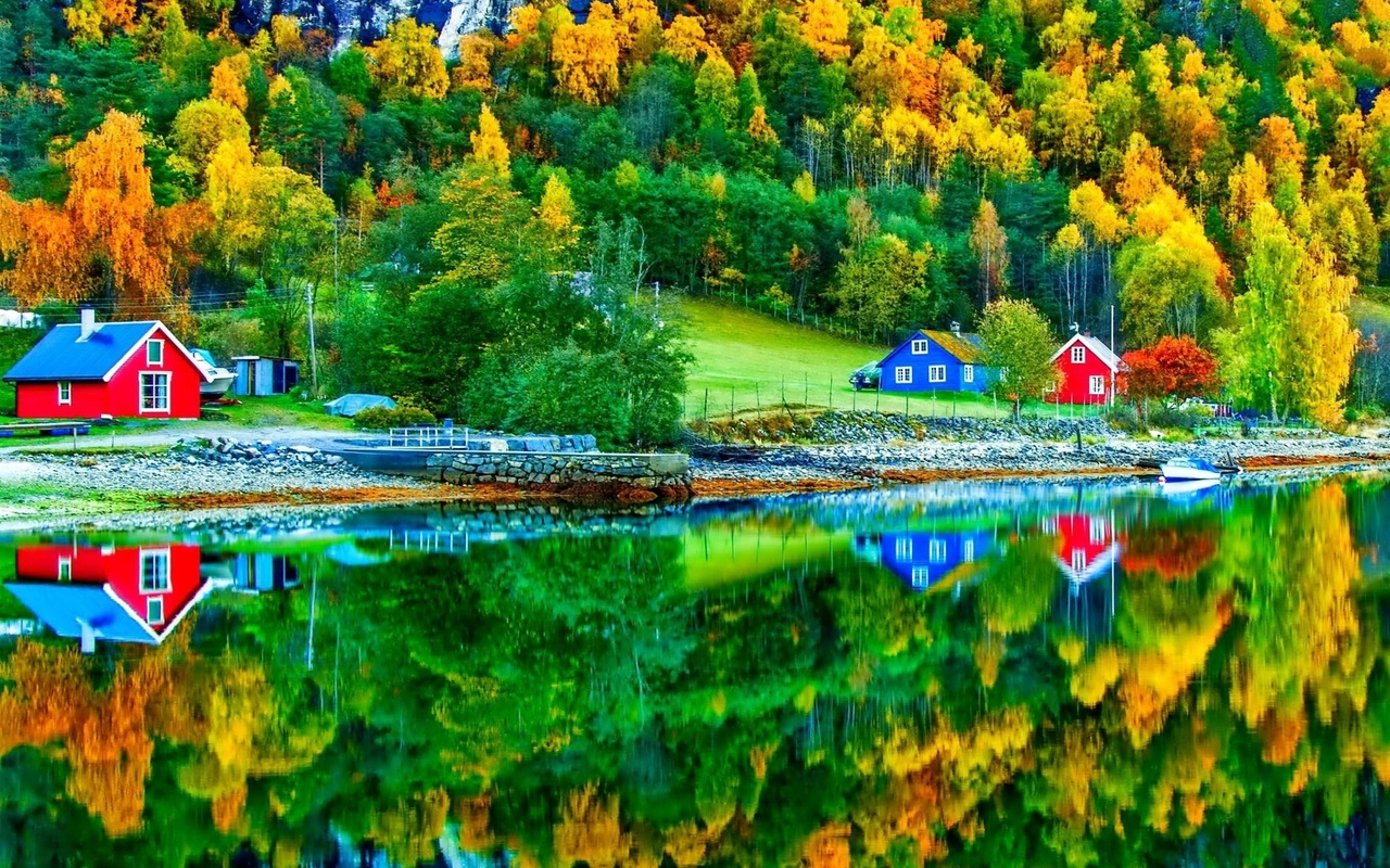 lake, housess, mountain, water, tree, grass, 