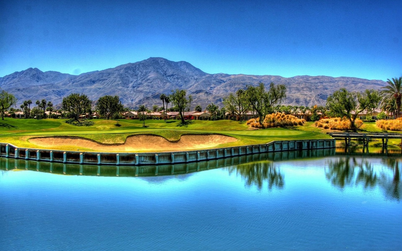 golf, lake, tree, water, fields, houses