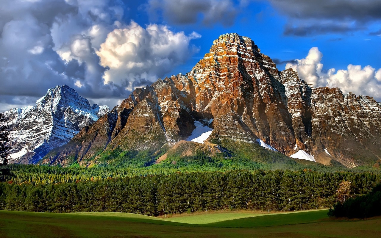 mountain, grass, green, sky, trees