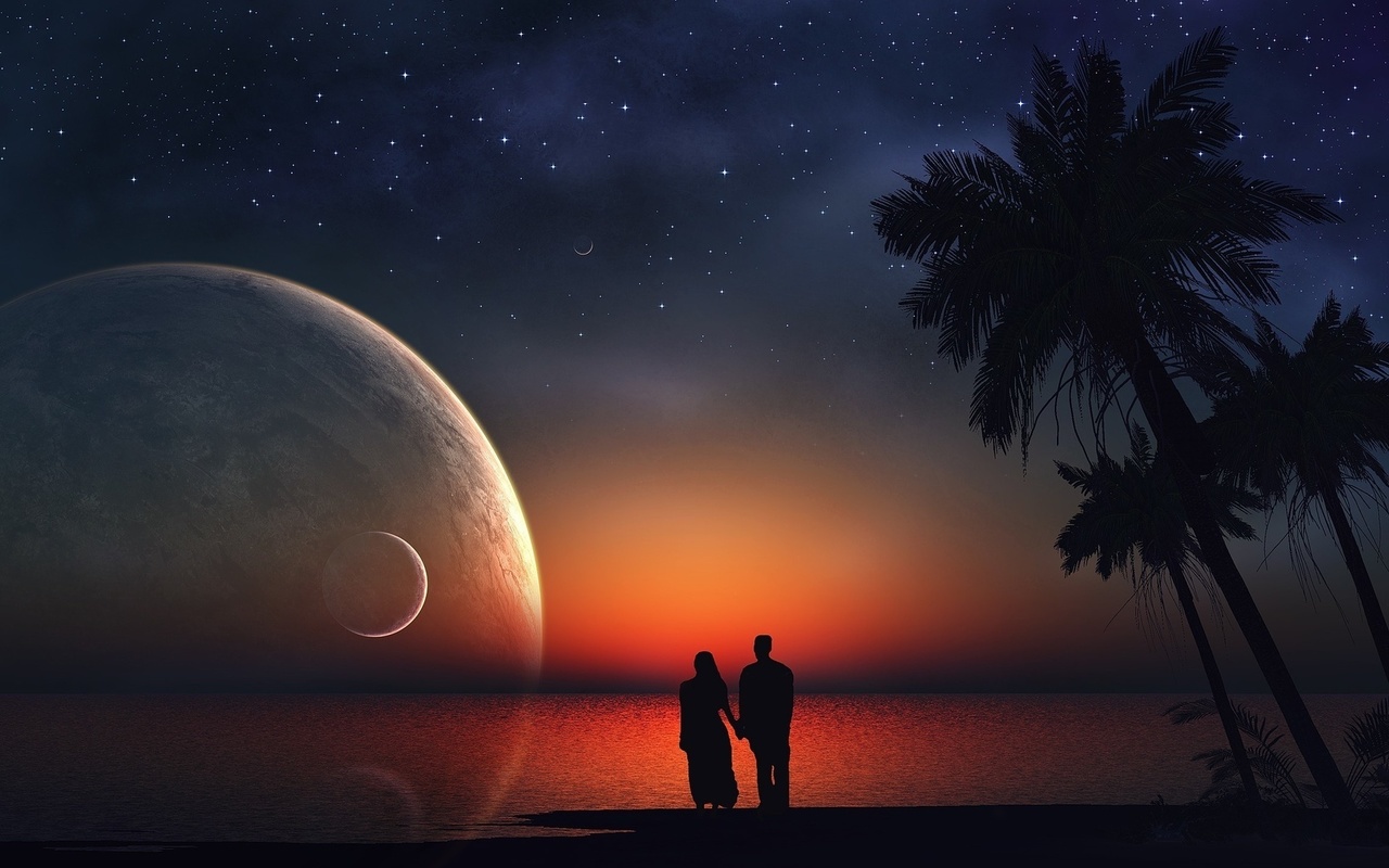 sunset, couple, moon, sky