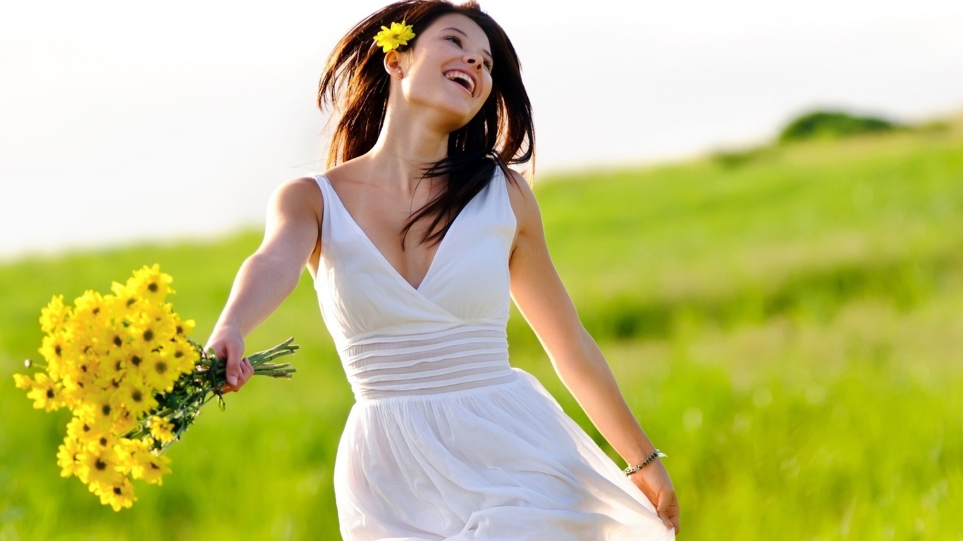 flower, dress, smiles, fields, girl