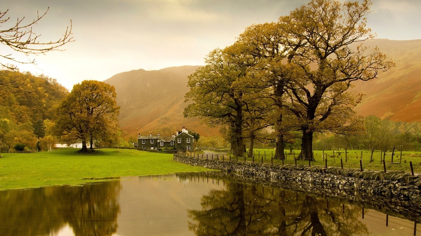 country, house, lake, water, grass