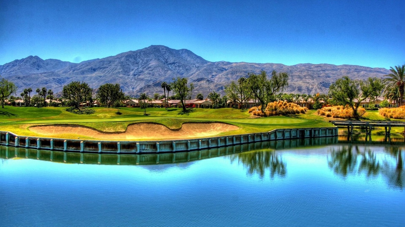 golf, lake, tree, water, fields, houses