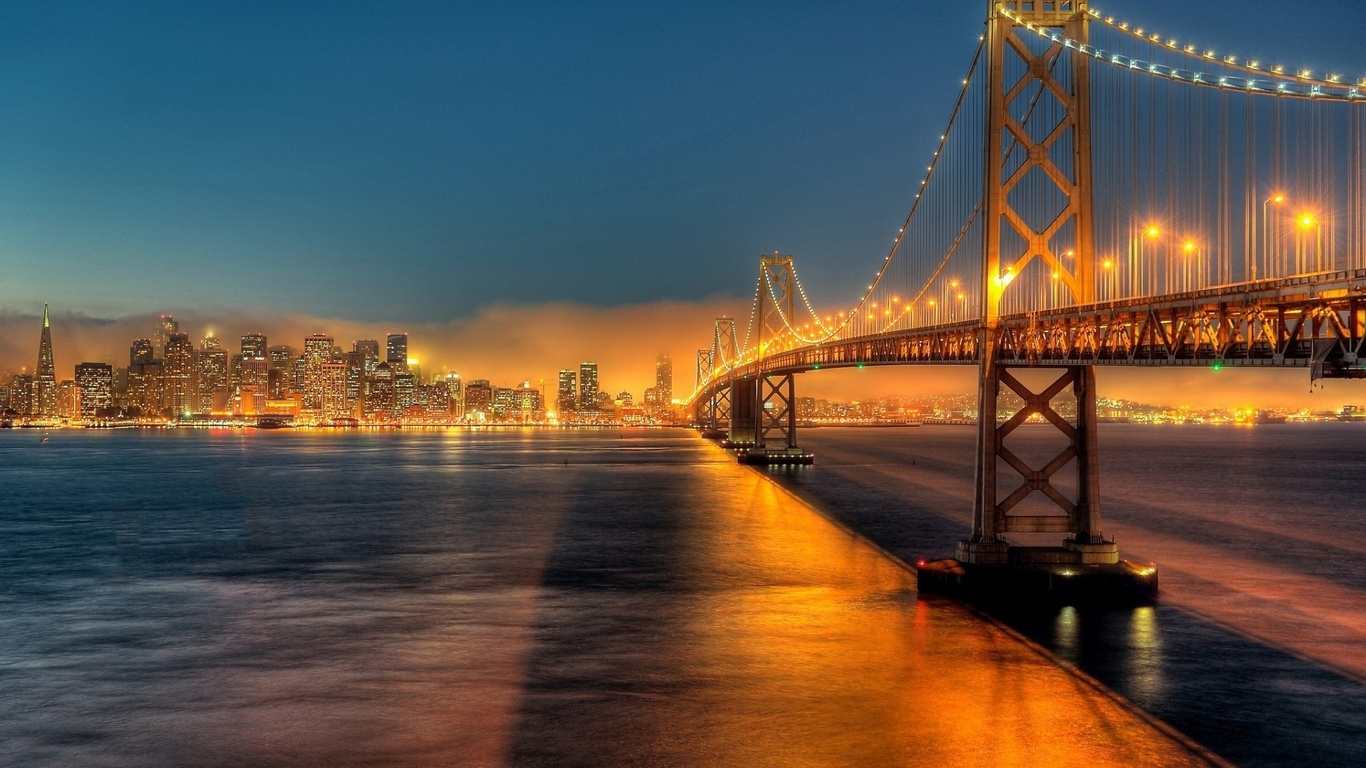 san francisco, golden gate, bridge, water, city, light, night