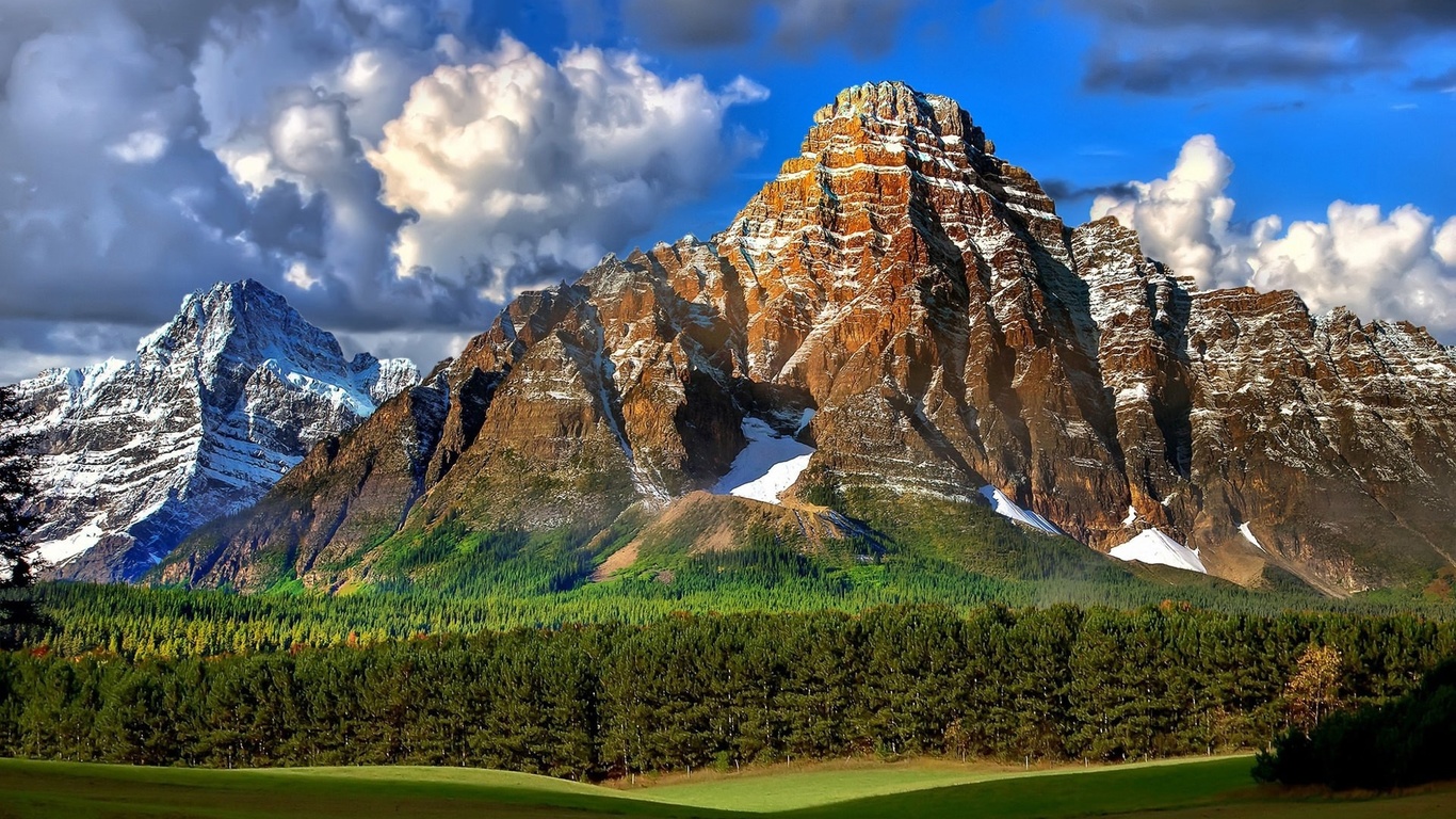 mountain, grass, green, sky, trees