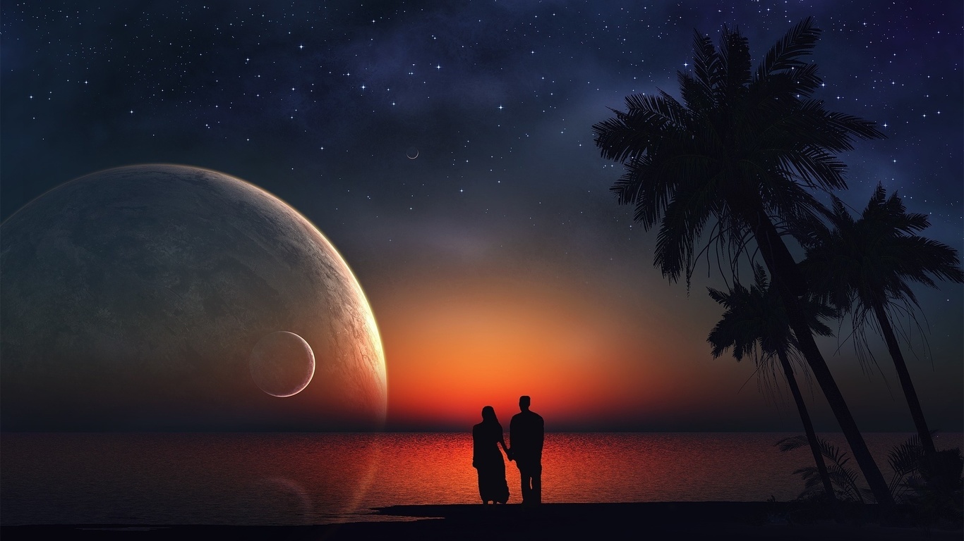 sunset, couple, moon, sky