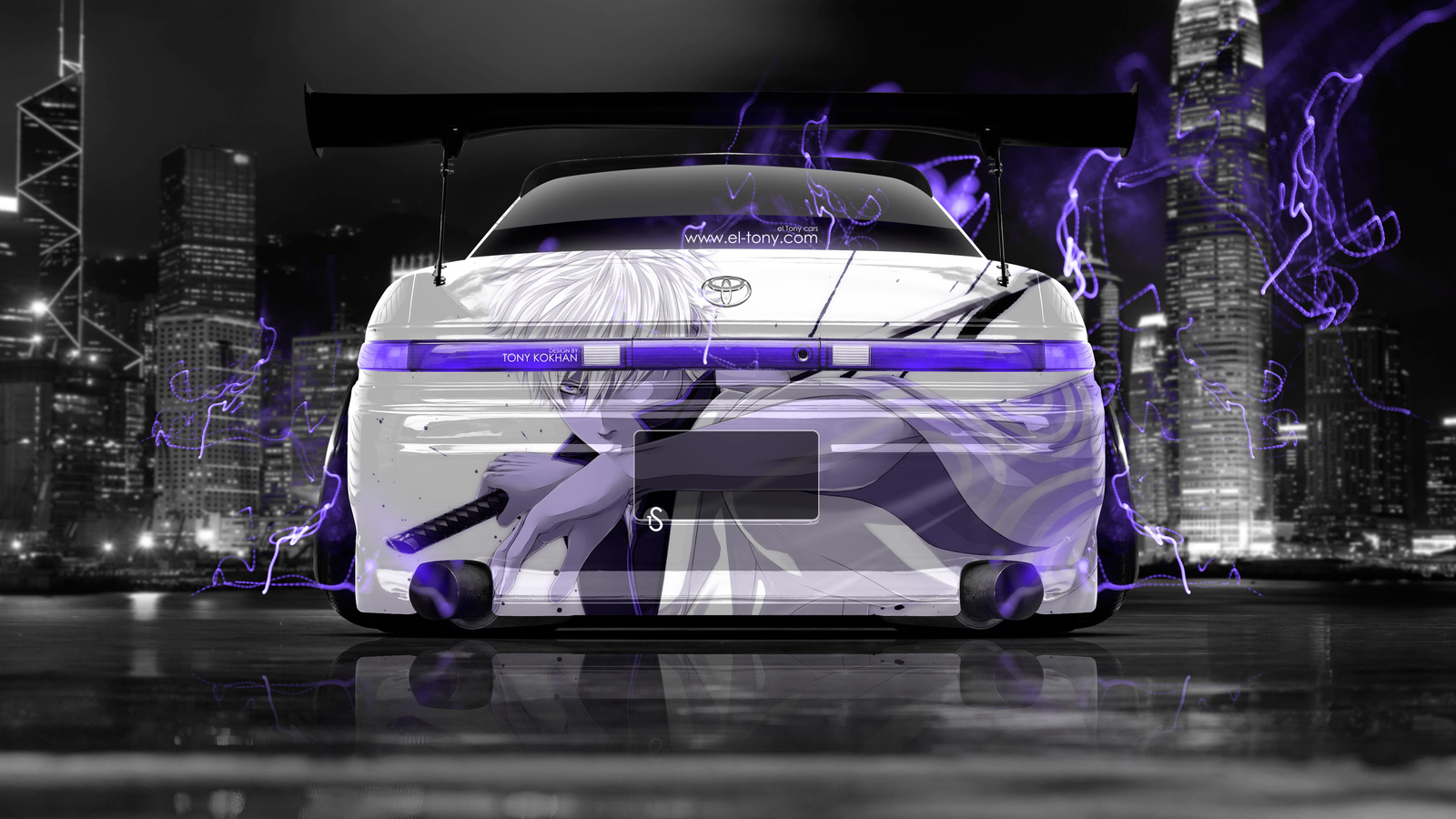 tony kokhan, toyota, mark2, jzx90, jdm, tuning, samurai, anime, violet, neon, effects, energy, japan, city, aerography, back, black, white, silver, photoshop, design, art, style, el tony cars, wallpapers,  , , , 2,  , 