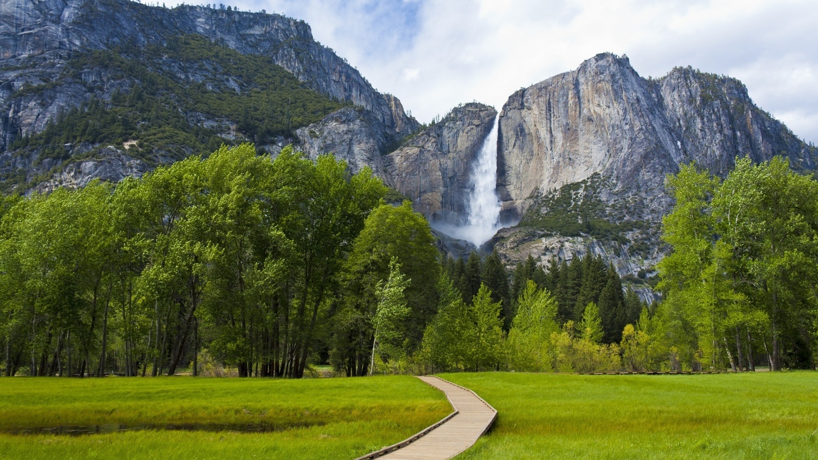 yosemite, waterfall, water, mountain, path, tree, green