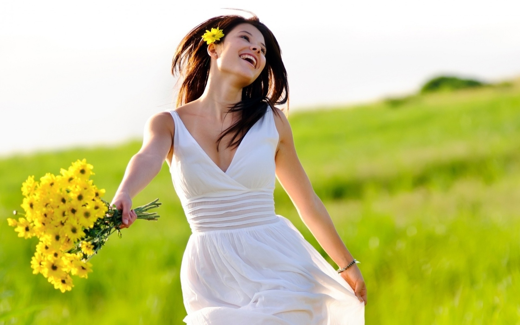 flower, dress, smiles, fields, girl