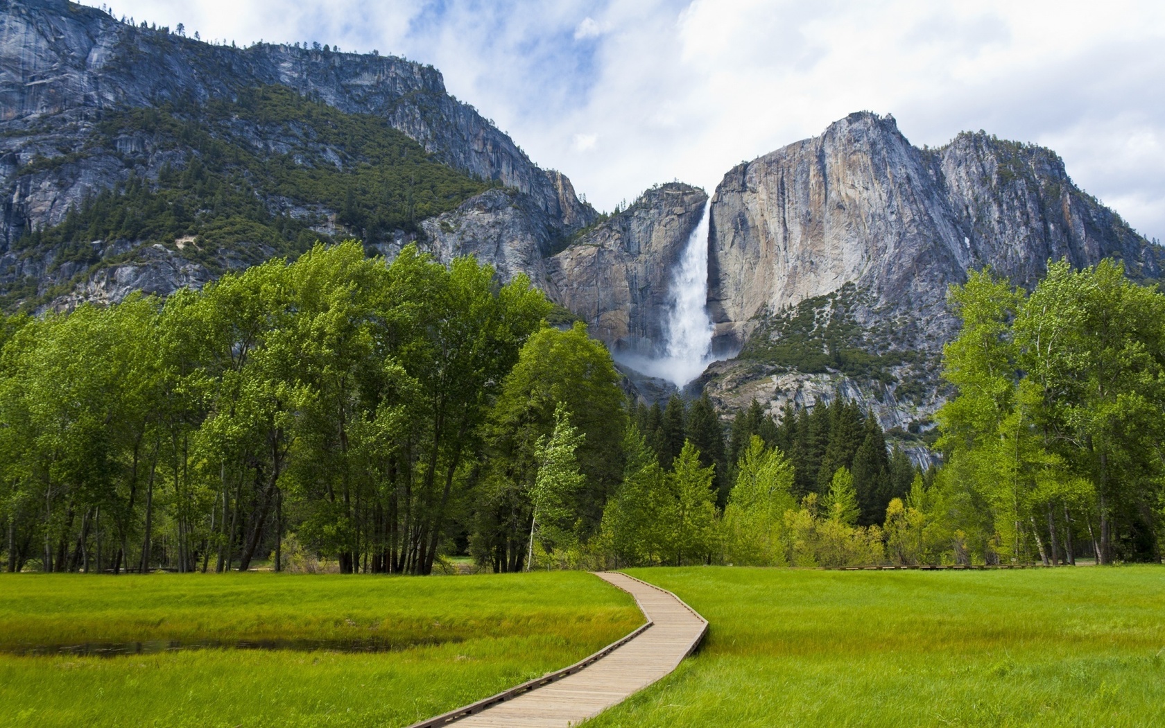 yosemite, waterfall, water, mountain, path, tree, green